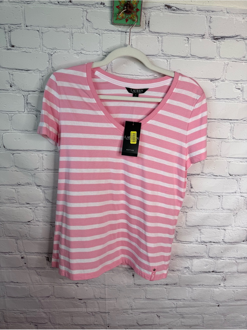 LAUREN Ralph Lauren Pink Striped V-Neck Shirt Medium NWT